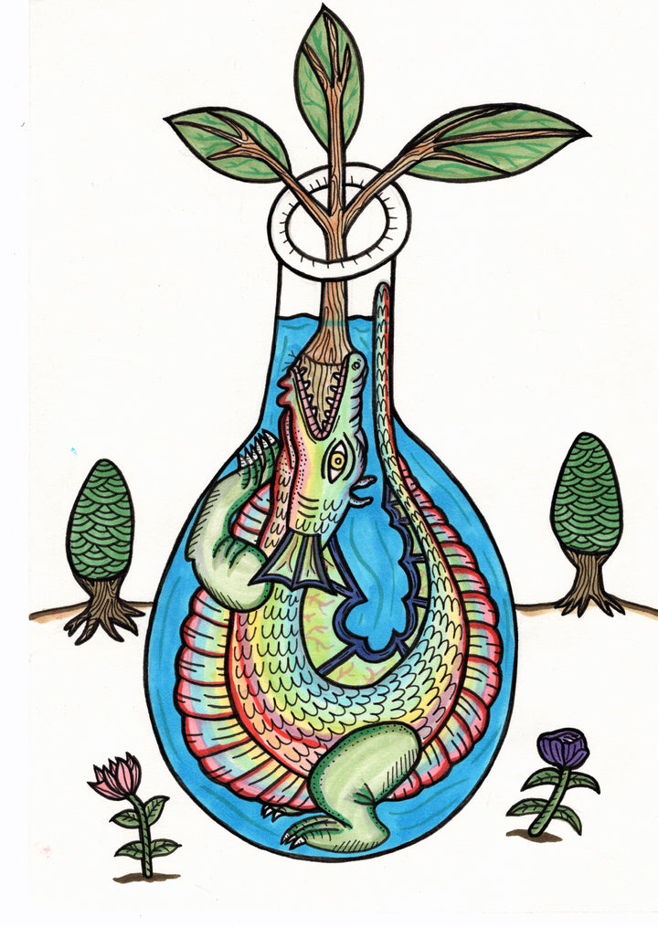 Rainbow water serpent grasping plant in alchemical bottle